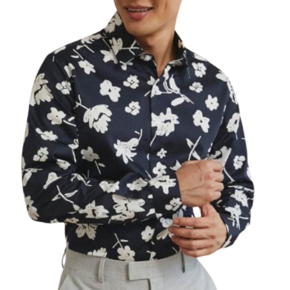 RW&CO Navy Blue Floral Men's Tailored Fit Shirt ( 15-15 1/2)